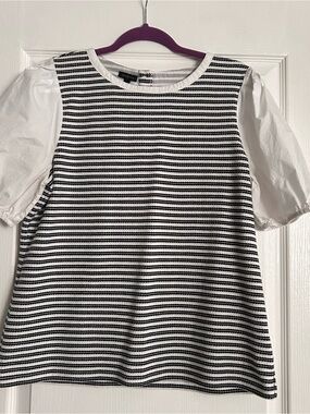Talbots Black & White Striped Puff-Sleeve Tee
